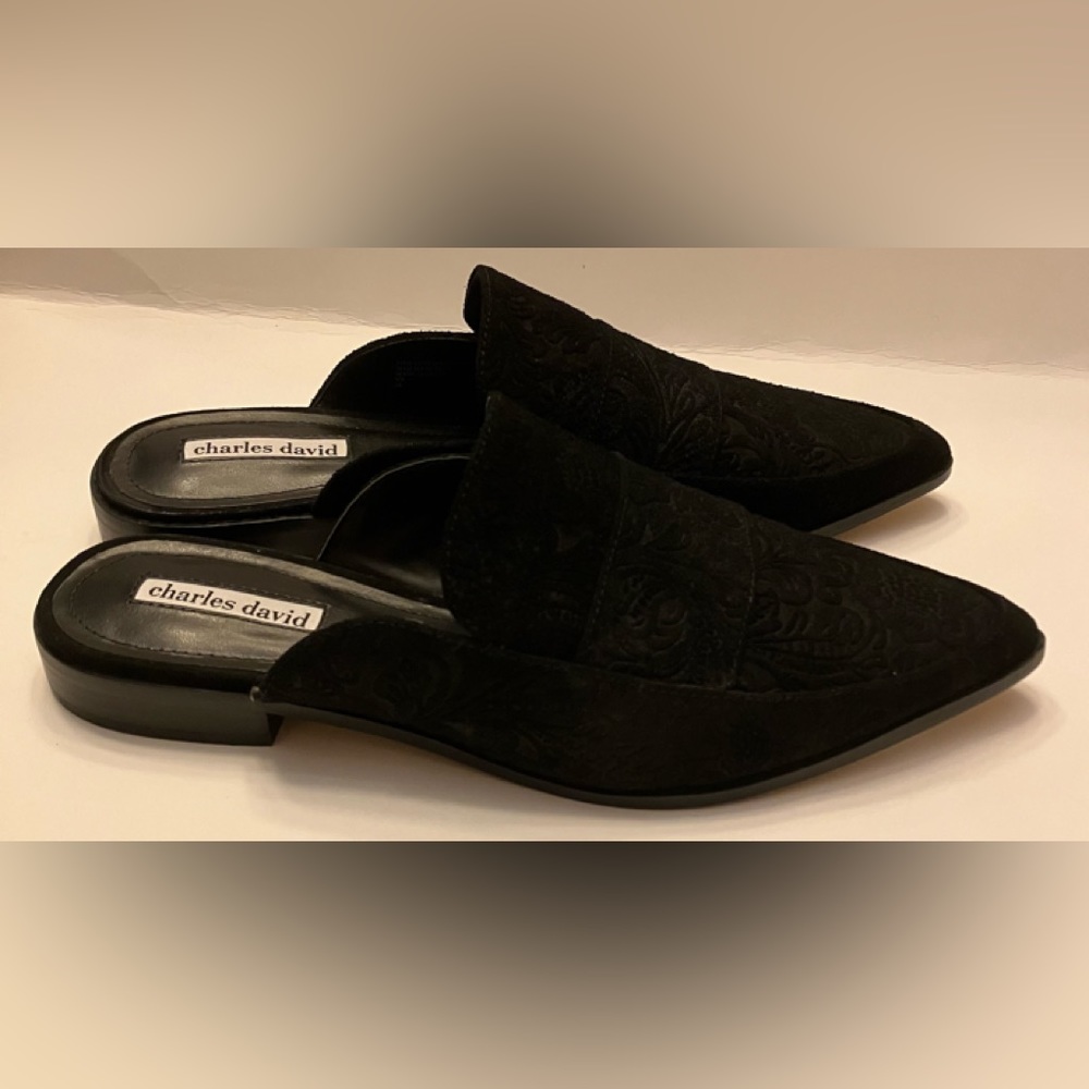 Charles David Slides, Size 10, Black Embossed Sue… - image 1